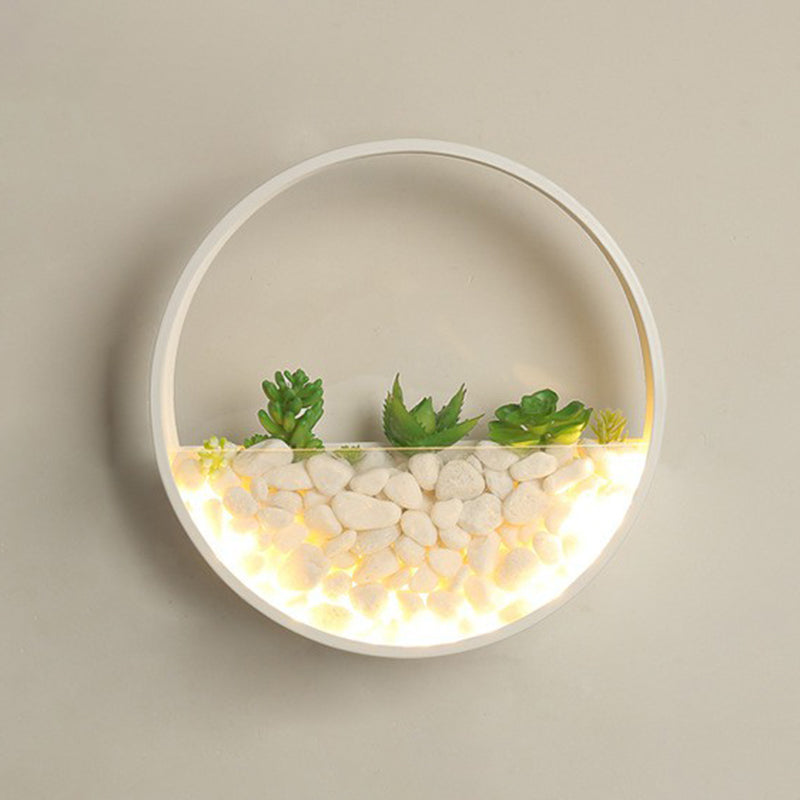 Metal Halo LED Sconce Light Art Deco Wall Mounted Light with Cobblestone and Imitation Plant White Round Clearhalo 'Wall Lamps & Sconces' 'Wall Lights' Lighting' 2385459