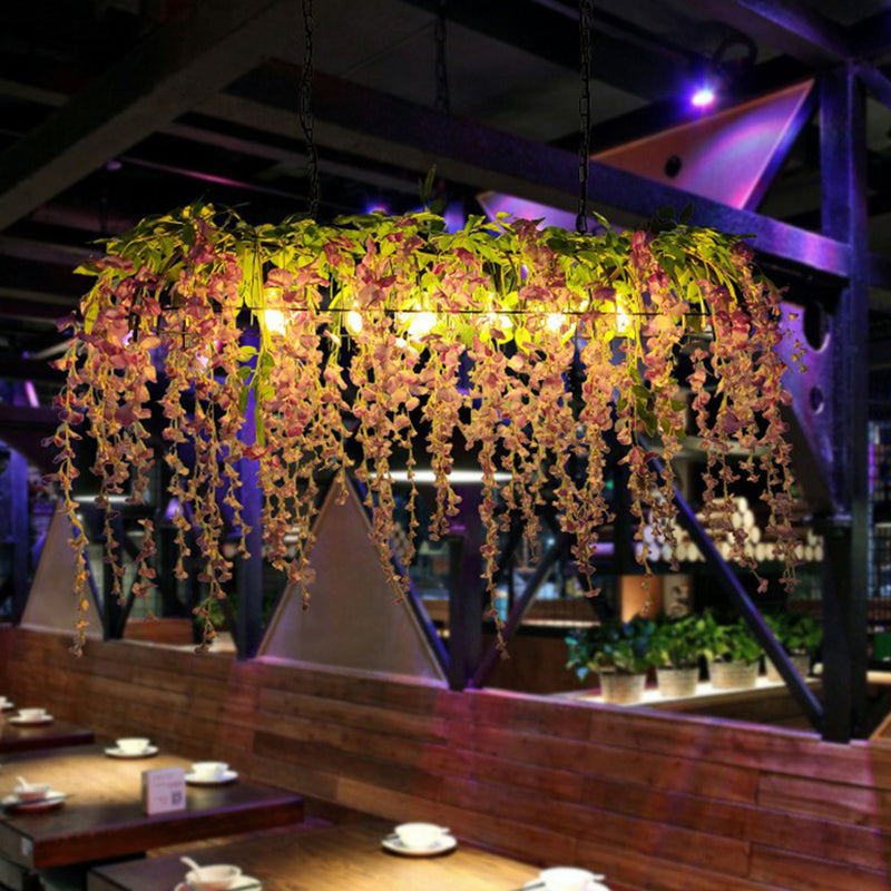 Rectangular Restaurant Pendant Light Fixture Rustic Iron Hanging Island Light with Fake Plant Decoration 6 Pink 48" Clearhalo 'Ceiling Lights' 'Island Lights' Lighting' 2385522