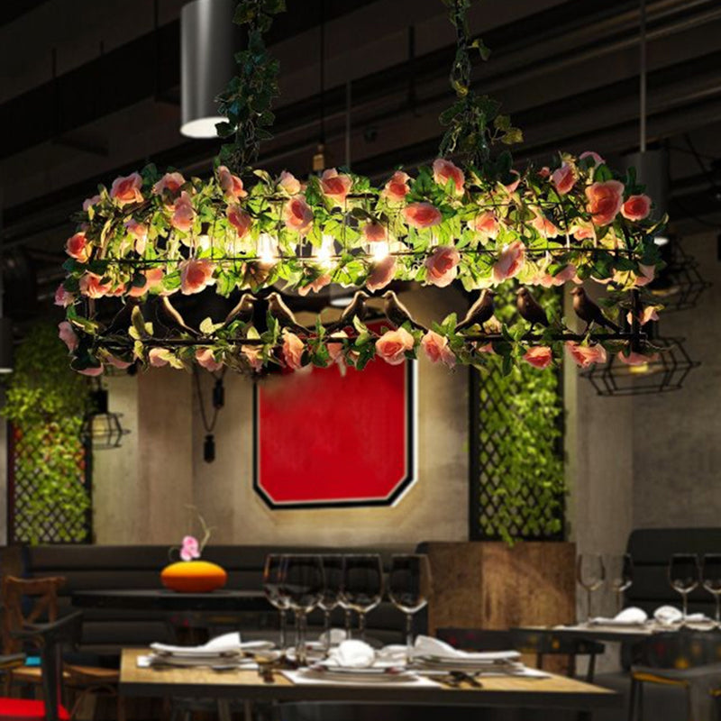 Rectangular Restaurant Pendant Light Fixture Rustic Iron Hanging Island Light with Fake Plant Decoration 6 Green 48" Clearhalo 'Ceiling Lights' 'Island Lights' Lighting' 2385523