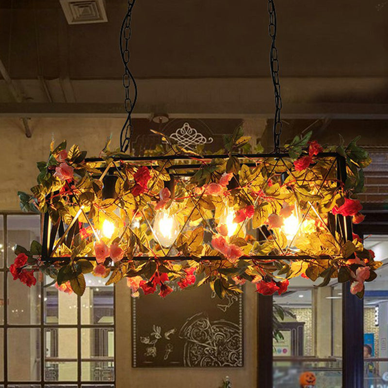 Rectangular Restaurant Pendant Light Fixture Rustic Iron Hanging Island Light with Fake Plant Decoration 4 Pink 25.5" Clearhalo 'Ceiling Lights' 'Island Lights' Lighting' 2385525
