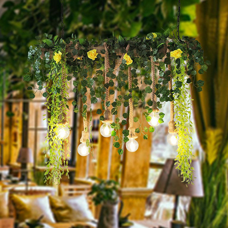 Rectangular Restaurant Pendant Light Fixture Rustic Iron Hanging Island Light with Fake Plant Decoration 6 Green 39" Clearhalo 'Ceiling Lights' 'Island Lights' Lighting' 2385526