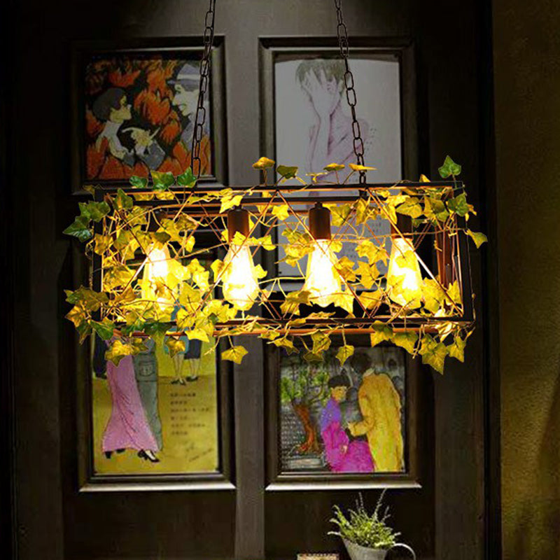 Cage Metal Island Pendant Light Industrial Dining Room Hanging Lamp with Imitation Leaf in Green 4 Green Rectangle Clearhalo 'Ceiling Lights' 'Island Lights' Lighting' 2385529