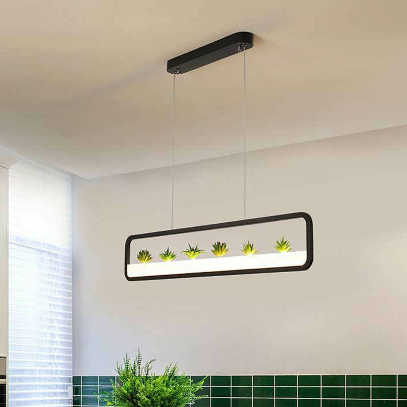 Rectangle Restaurant Island Lamp Artistic Metal LED Hanging Light with Imitation Succulents Deco Black 27.5" Clearhalo 'Ceiling Lights' 'Island Lights' Lighting' 2385536