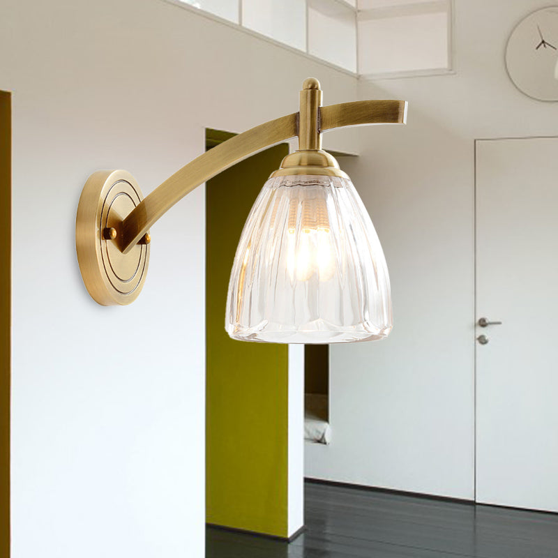 1 Bulb Cone Sconce Lamp Tradition Metal Wall Lighting Fixture in Gold with Ribbed Glass Shade for Bedside Clearhalo 'Wall Lamps & Sconces' 'Wall Lights' Lighting' 238628