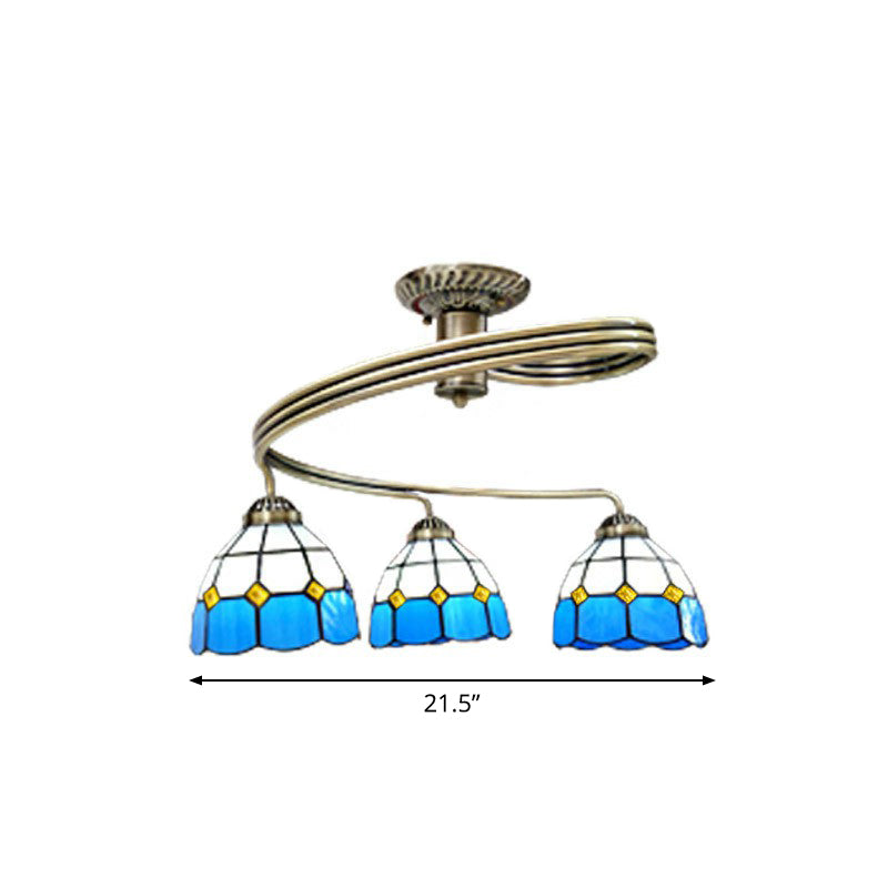 Mediterranean Spiral Ceiling Light Metal Semi Flush Mount Light with Stained Glass Shade 3 Blue-White Clearhalo 'Ceiling Lights' 'Close To Ceiling Lights' 'Close to ceiling' 'Glass shade' 'Glass' 'Pendant Lights' 'Semi-flushmount' 'Tiffany close to ceiling' 'Tiffany' Lighting' 2388861