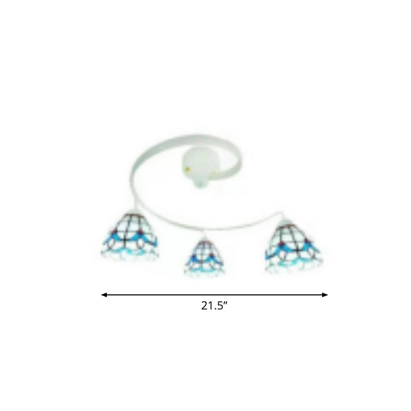 Mediterranean Spiral Ceiling Light Metal Semi Flush Mount Light with Stained Glass Shade Clearhalo 'Ceiling Lights' 'Close To Ceiling Lights' 'Close to ceiling' 'Glass shade' 'Glass' 'Pendant Lights' 'Semi-flushmount' 'Tiffany close to ceiling' 'Tiffany' Lighting' 2388862