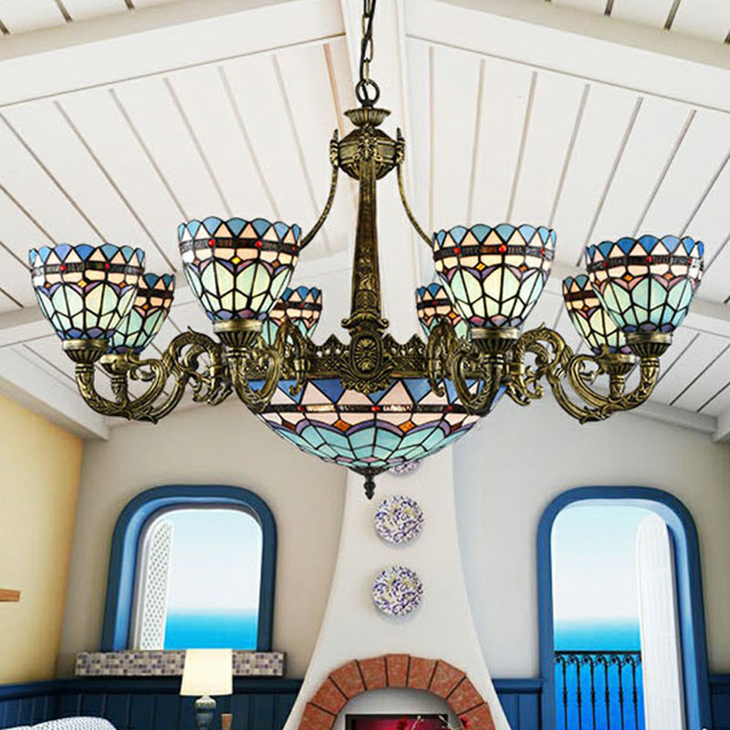 Bronze Finish Chandelier Classic Handcrafted Stained Glass Bell Ceiling Light for Dining Room Clearhalo 'Ceiling Lights' 'Chandeliers' 'Industrial' 'Middle Century Chandeliers' 'Pendant Lights' 'Tiffany Chandeliers' 'Tiffany close to ceiling' 'Tiffany' Lighting' 2388865