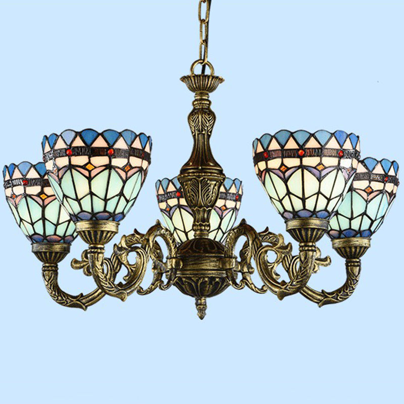 Bronze Finish Chandelier Classic Handcrafted Stained Glass Bell Ceiling Light for Dining Room 5 Bronze Up Clearhalo 'Ceiling Lights' 'Chandeliers' 'Industrial' 'Middle Century Chandeliers' 'Pendant Lights' 'Tiffany Chandeliers' 'Tiffany close to ceiling' 'Tiffany' Lighting' 2388872