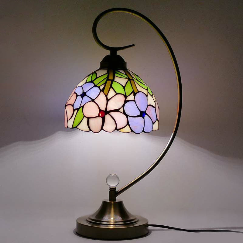 Tiffany Gooseneck Table Lamp 1 Head Metal Nightstand Light with Hand Cut Glass Shade Purple-Pink Clearhalo 'Lamps' 'Table Lamps' Lighting' 2388930