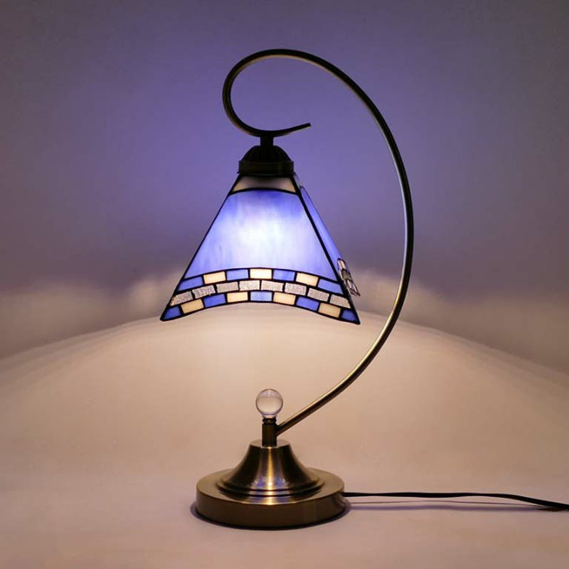 Tiffany Gooseneck Table Lamp 1 Head Metal Nightstand Light with Hand Cut Glass Shade Blue-Black Clearhalo 'Lamps' 'Table Lamps' Lighting' 2388941