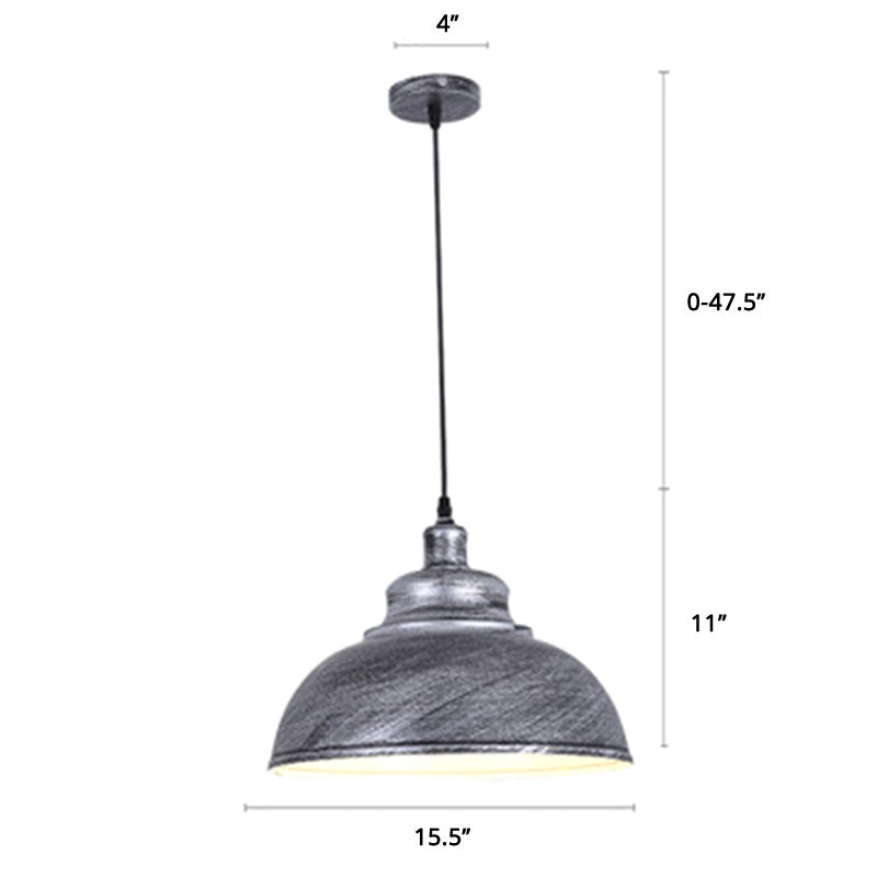 Bowl Shade Restaurant Hanging Lamp Factory Style Metal 1 Head Pendant Ceiling Light Aged Silver 16" Clearhalo 'Art Deco Pendants' 'Black' 'Cast Iron' 'Ceiling Lights' 'Ceramic' 'Crystal' 'Industrial Pendants' 'Industrial' 'Metal' 'Middle Century Pendants' 'Pendant Lights' 'Pendants' 'Rustic Pendants' 'Tiffany' Lighting' 2388981