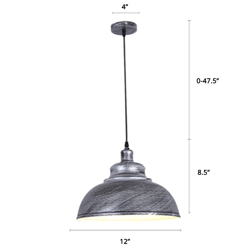 Bowl Shade Restaurant Hanging Lamp Factory Style Metal 1 Head Pendant Ceiling Light Aged Silver 12" Clearhalo 'Art Deco Pendants' 'Black' 'Cast Iron' 'Ceiling Lights' 'Ceramic' 'Crystal' 'Industrial Pendants' 'Industrial' 'Metal' 'Middle Century Pendants' 'Pendant Lights' 'Pendants' 'Rustic Pendants' 'Tiffany' Lighting' 2388982
