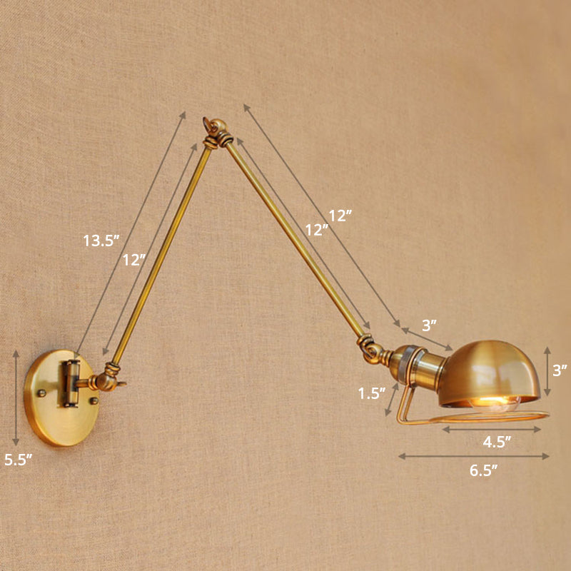 Single Dome Wall Mounted Reading Light Industrial Style Metal Wall Lamp with Swing Arm Brass 12"+12" Clearhalo 'Art deco wall lights' 'Cast Iron' 'Glass' 'Industrial wall lights' 'Industrial' 'Middle century wall lights' 'Modern' 'Rustic wall lights' 'Tiffany' 'Traditional wall lights' 'Wall Lamps & Sconces' 'Wall Lights' Lighting' 2389001