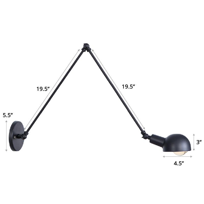 Single Dome Wall Mounted Reading Light Industrial Style Metal Wall Lamp with Swing Arm Matte Black 19.5"+19.5" Clearhalo 'Art deco wall lights' 'Cast Iron' 'Glass' 'Industrial wall lights' 'Industrial' 'Middle century wall lights' 'Modern' 'Rustic wall lights' 'Tiffany' 'Traditional wall lights' 'Wall Lamps & Sconces' 'Wall Lights' Lighting' 2389009