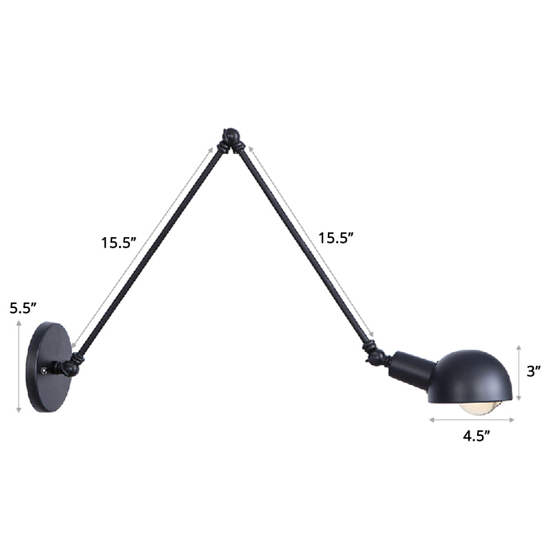 Single Dome Wall Mounted Reading Light Industrial Style Metal Wall Lamp with Swing Arm Matte Black 16"+16" Clearhalo 'Art deco wall lights' 'Cast Iron' 'Glass' 'Industrial wall lights' 'Industrial' 'Middle century wall lights' 'Modern' 'Rustic wall lights' 'Tiffany' 'Traditional wall lights' 'Wall Lamps & Sconces' 'Wall Lights' Lighting' 2389012