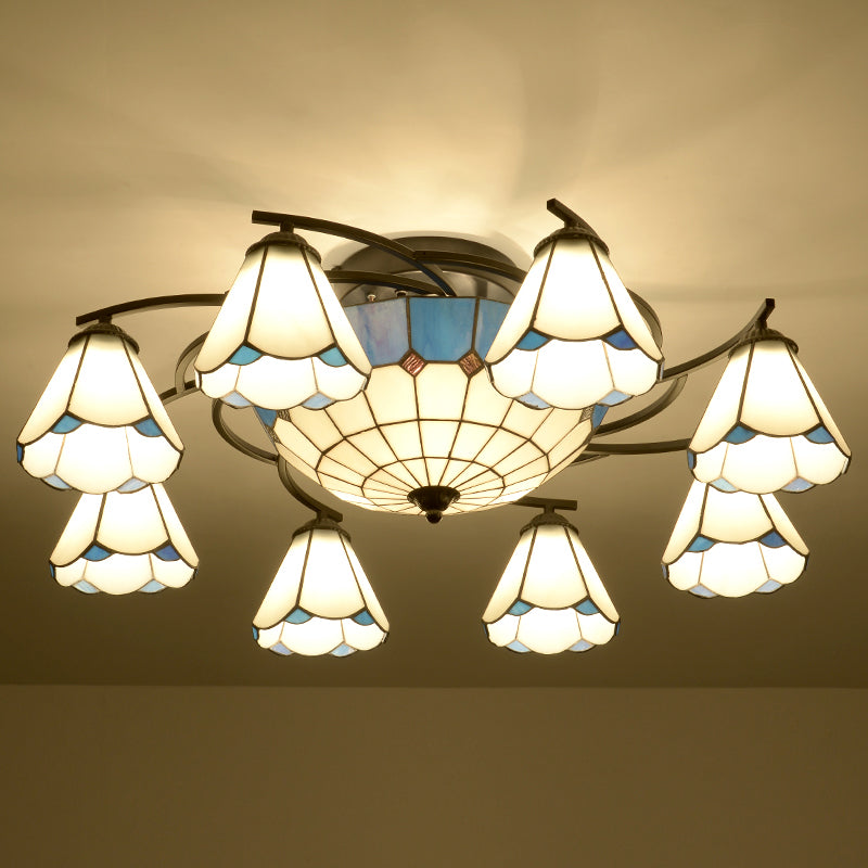 Mediterranean Flower Ceiling Flush Light Stained Art Glass Semi Mount Lighting for Bedroom Clearhalo 'Ceiling Lights' 'Chandeliers' 'Close To Ceiling Lights' 'Close to ceiling' 'Semi-flushmount' 'Tiffany close to ceiling' 'Tiffany' Lighting' 2389146