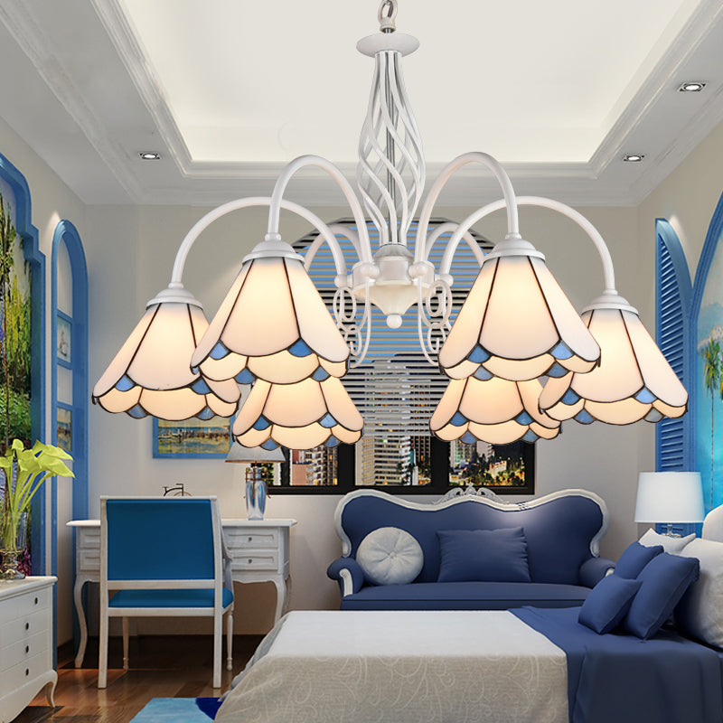 Living Room Chandelier Mediterranean Style White Suspension Lamp with Scalloped Cut Glass Shade 6 White Down Clearhalo 'Ceiling Lights' 'Chandeliers' 'Industrial' 'Middle Century Chandeliers' 'Tiffany Chandeliers' 'Tiffany close to ceiling' 'Tiffany' Lighting' 2389156