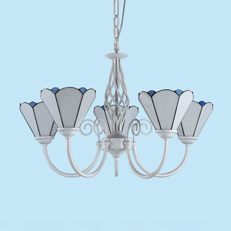 Living Room Chandelier Mediterranean Style White Suspension Lamp with Scalloped Cut Glass Shade 5 White Up Clearhalo 'Ceiling Lights' 'Chandeliers' 'Industrial' 'Middle Century Chandeliers' 'Tiffany Chandeliers' 'Tiffany close to ceiling' 'Tiffany' Lighting' 2389160