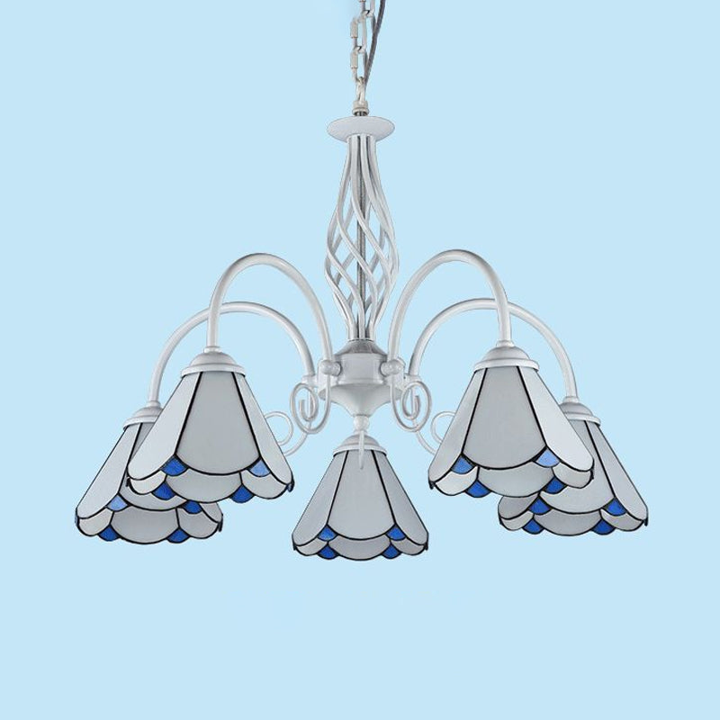 Living Room Chandelier Mediterranean Style White Suspension Lamp with Scalloped Cut Glass Shade 5 White Down Clearhalo 'Ceiling Lights' 'Chandeliers' 'Industrial' 'Middle Century Chandeliers' 'Tiffany Chandeliers' 'Tiffany close to ceiling' 'Tiffany' Lighting' 2389162