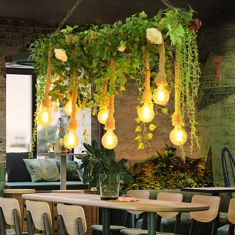 Green Island Light Fixture Rustic Wooden Linear Suspension Lamp with Decorative Vines and Rose Green Clearhalo 'Ceiling Lights' 'Island Lights' Lighting' 2389177