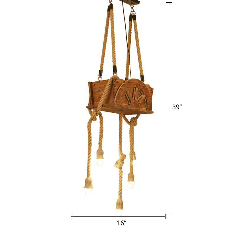 Naked Bulb Roped Pendant Light Fixture Rustic Restaurant Suspension Lamp in Light Brown Light Brown Wheel Clearhalo 'Carpenter Chandeliers' 'Ceiling Lights' 'Chandeliers' 'Industrial Chandeliers' 'Industrial' 'Middle Century Chandeliers' 'Modern' 'Tiffany' Lighting' 2389216