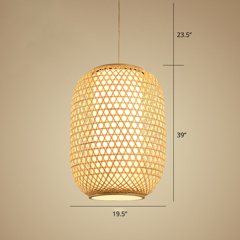 Oval Bamboo Suspension Light Asian 1-Bulb Beige Ceiling Hanging Lantern for Restaurant Beige 19.5" Clearhalo 'Ceiling Lights' 'Pendant Lights' 'Pendants' Lighting' options 2389575_9a22b8df-57ad-415e-853d-72aa990b38ed