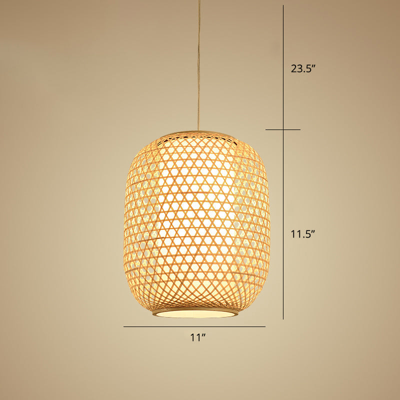 Oval Bamboo Suspension Light Asian 1-Bulb Beige Ceiling Hanging Lantern for Restaurant Clearhalo 'Ceiling Lights' 'Pendant Lights' 'Pendants' Lighting' options 2389576