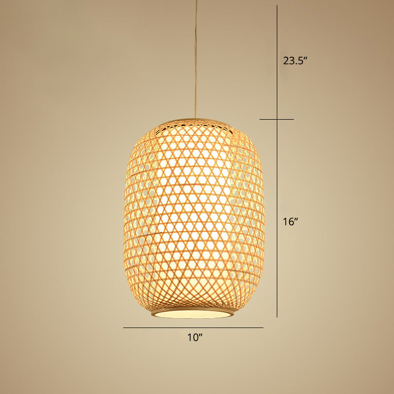 Oval Bamboo Suspension Light Asian 1-Bulb Beige Ceiling Hanging Lantern for Restaurant Beige 10" Clearhalo 'Ceiling Lights' 'Pendant Lights' 'Pendants' Lighting' options 2389584_13de4ef6-b32d-496d-825a-5f79dfd48515