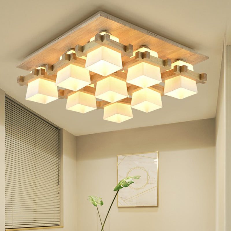 Checkered Close to Ceiling Light Nordic Milk Glass Wood Semi Flush Mount Fixture for Dining Room Clearhalo 'Ceiling Lights' 'Close To Ceiling Lights' 'Close to ceiling' 'Semi-flushmount' Lighting' 2389833