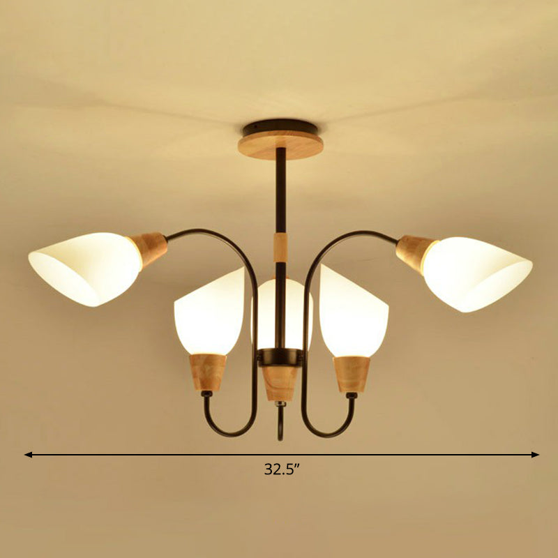 Tulip Flower Restaurant Chandelier Cream Glass Nordic Style Pendant Light in Black and Wood 6 Black Clearhalo 'Carpenter Chandeliers' 'Ceiling Lights' 'Chandeliers' 'Industrial' 'Modern Chandeliers' 'Modern' Lighting' 2389924