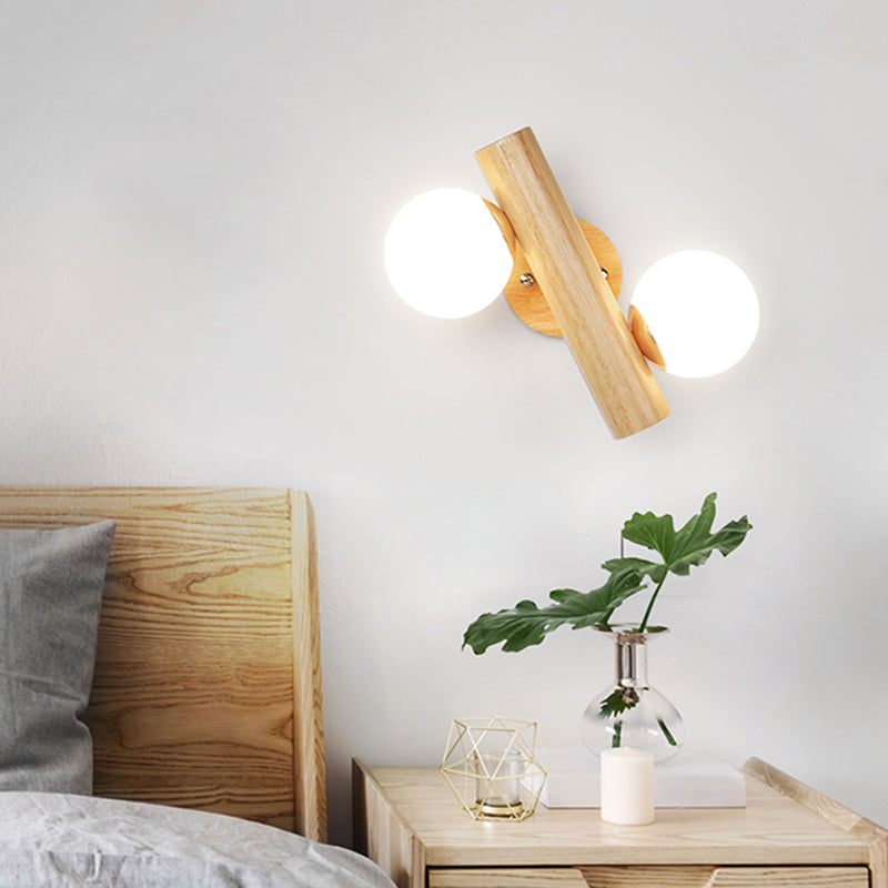 White Glass Ball Rotating Wall Lamp Nordic 2 Bulbs Wood Wall Mounted Light for Bedroom Clearhalo 'Modern wall lights' 'Modern' 'Wall Lamps & Sconces' 'Wall Lights' Lighting' 2390275