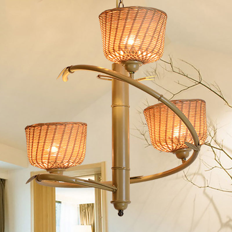 Rattan Basket Shade Chandelier Light Country Style 1/2-Light Beige Ceiling Lamp with Bird Cage Design Clearhalo 'Ceiling Lights' 'Chandeliers' Lighting' options 239364