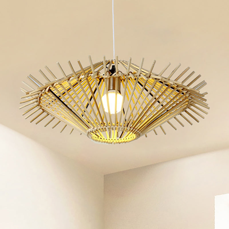 Beige/Brown Disc Pendant Light Rustic Single Bulb Bamboo Hanging Light Fixture for Restaurant Living Room Clearhalo 'Ceiling Lights' 'Pendant Lights' 'Pendants' Lighting' 239396