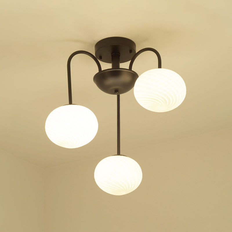 Ball Frosted Glass Semi Flush Light Modern Stylish 3 Lights Black/White Ceiling Mounted Light with Curved Arm Black Clearhalo 'Ceiling Lights' 'Close To Ceiling Lights' 'Close to ceiling' 'Glass shade' 'Glass' 'Semi-flushmount' Lighting' 239778