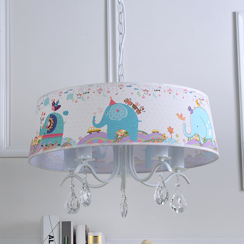 White Drum Pendant Light with Elephant Crystal 5 Lights Animal Metal Chandelier for Kids Bedroom White Clearhalo 'Ceiling Lights' 'Chandeliers' Lighting' options 240146_9b751dbc-06ae-426e-b961-c3a9aee7c0c7