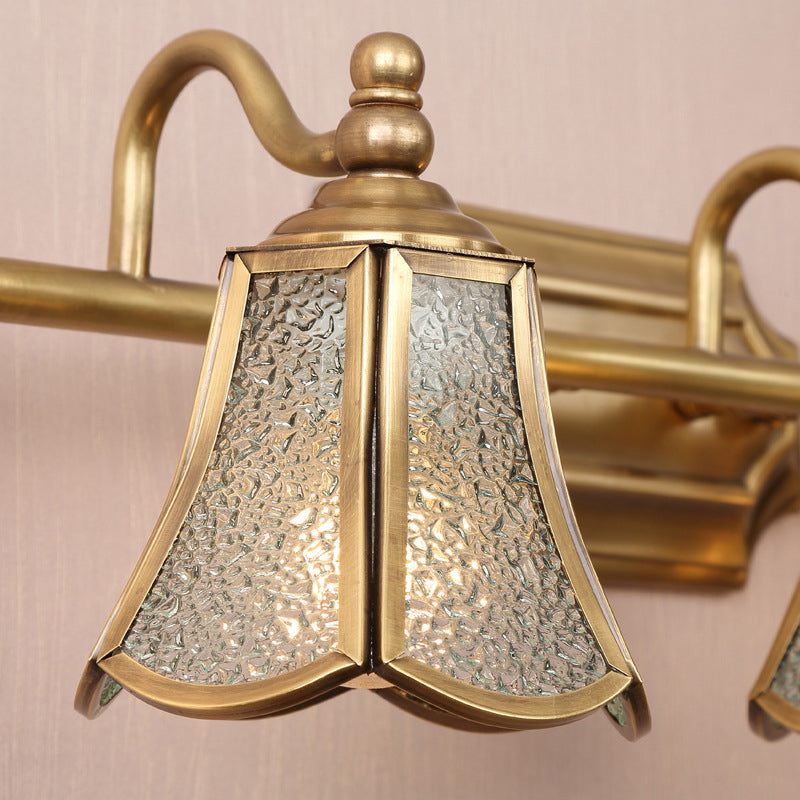 Traditional Trumpet Vanity Sconce Textured Glass 2/3 Bulbs Wall Mounted Light Fixture in Brass Clearhalo 'Vanity Lights' 'Wall Lights' Lighting' 240366