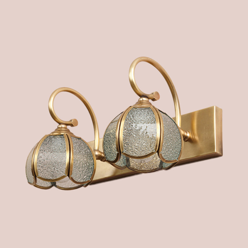 2/3 Bulbs Flower Bar Light Tradition Water Glass Sconce Light Fixture in Brass with Curved Arm Clearhalo 'Vanity Lights' 'Wall Lights' Lighting' 240376