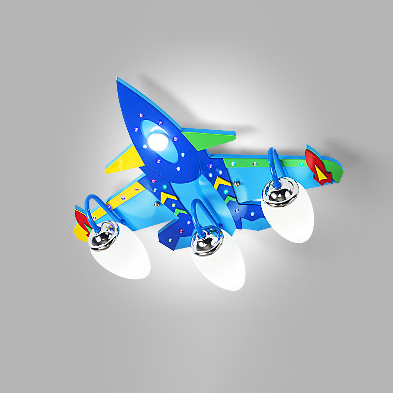 Jet Childrens Bedroom Ceiling Lamp Wooden Cartoon Flush Mount Light Fixture in Blue 3 Blue Clearhalo 'Ceiling Lights' 'Close To Ceiling Lights' 'Close to ceiling' 'Flush mount' Lighting' 2405187