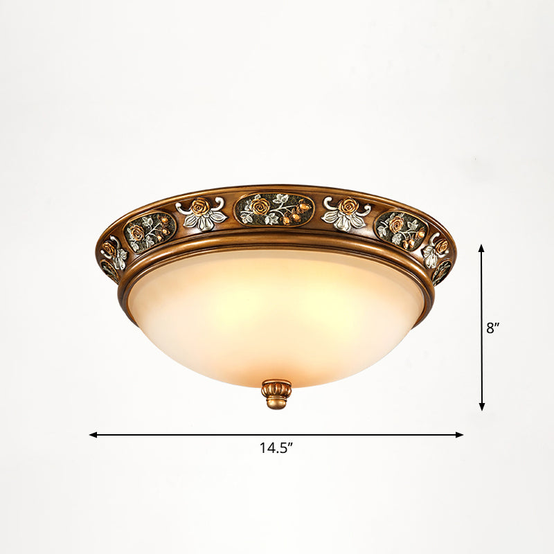 Dome Bedroom Flush Ceiling Light Vintage Frosted Glass Flush-Mount Lighting Fixture 3 Bronze Clearhalo 'Ceiling Lights' 'Close To Ceiling Lights' 'Close to ceiling' 'Flush mount' Lighting' 2405380