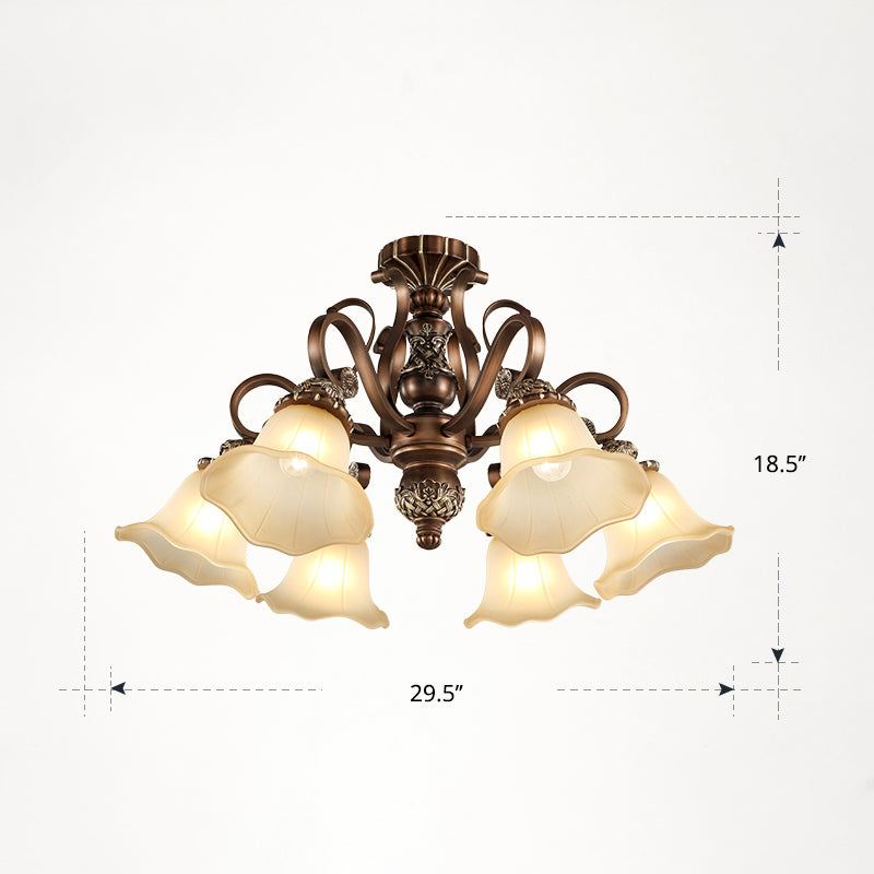 Bronze Finish Flush Chandelier Antique Frosted Glass Flower Semi Flush Ceiling Light for Living Room 6 Bronze Down Clearhalo 'Ceiling Lights' 'Close To Ceiling Lights' 'Close to ceiling' 'Semi-flushmount' Lighting' 2405428