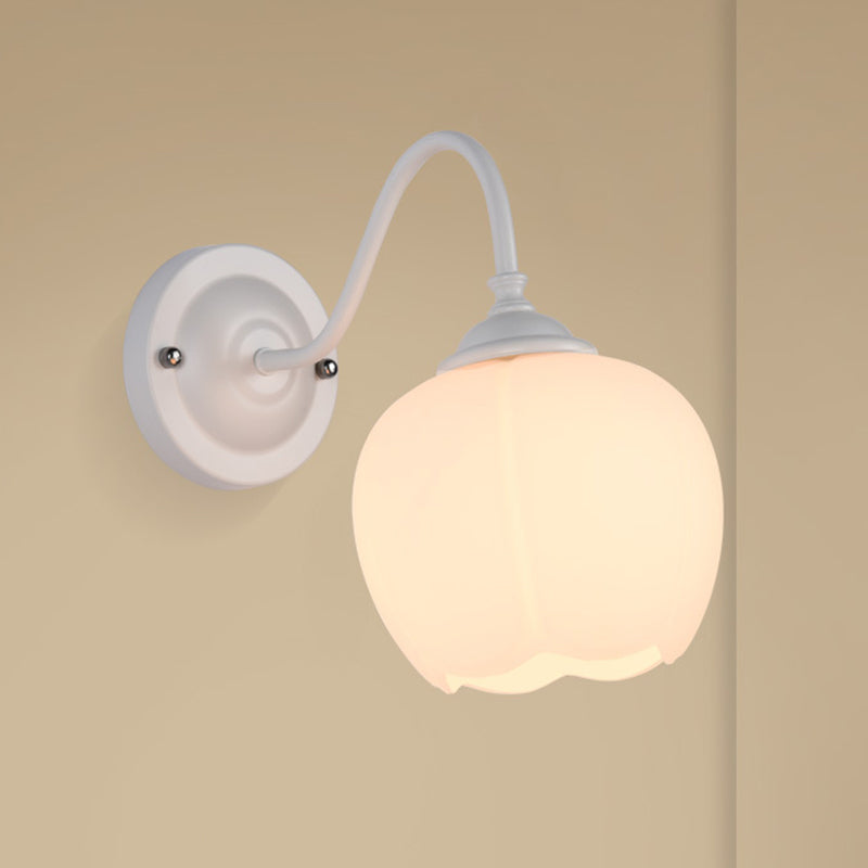 1-Light Flower Bud Wall Sconce Lamp Countryside White Glass Wall Lighting with Gooseneck Arm White Clearhalo 'Wall Lamps & Sconces' 'Wall Lights' Lighting' 2405499