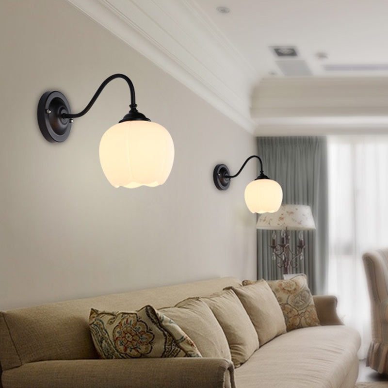 1-Light Flower Bud Wall Sconce Lamp Countryside White Glass Wall Lighting with Gooseneck Arm Clearhalo 'Wall Lamps & Sconces' 'Wall Lights' Lighting' 2405501