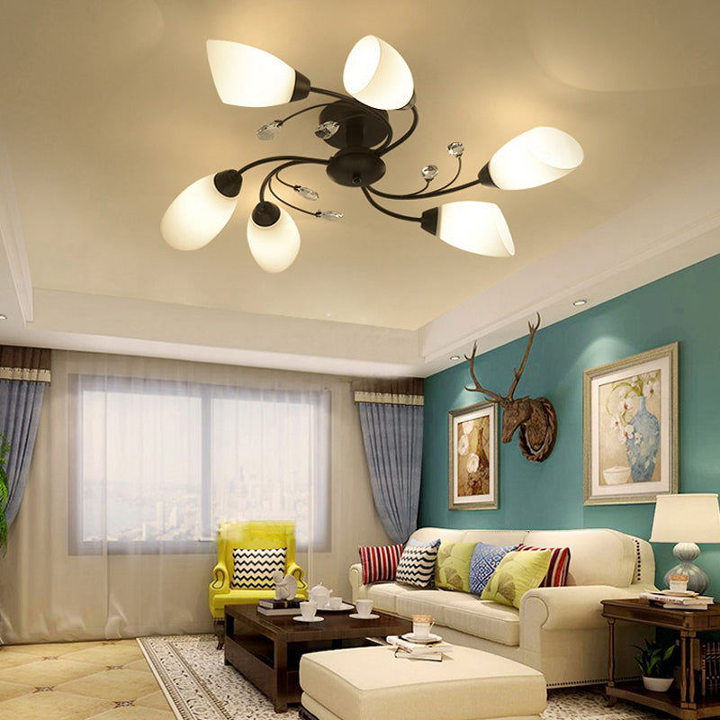 Floral Swirl Ceiling Light Fixture Rustic Black Opal Glass Semi Flush Light for Living Room Clearhalo 'Ceiling Lights' 'Chandeliers' 'Close To Ceiling Lights' 'Close to ceiling' 'Glass shade' 'Glass' 'Semi-flushmount' Lighting' 2405562