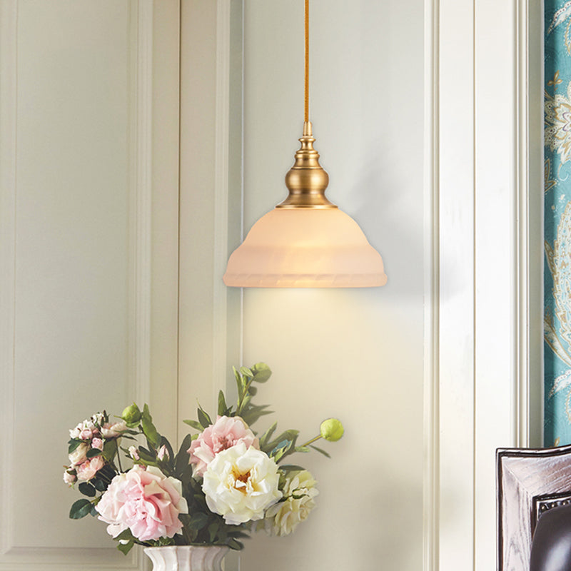 Gold 1-Light Drop Pendant Colonial Style Satin Opal Glass Shaded Hanging Light for Hallway Clearhalo 'Ceiling Lights' 'Chandeliers' 'Glass shade' 'Glass' 'Pendant Lights' 'Pendants' Lighting' 2405594