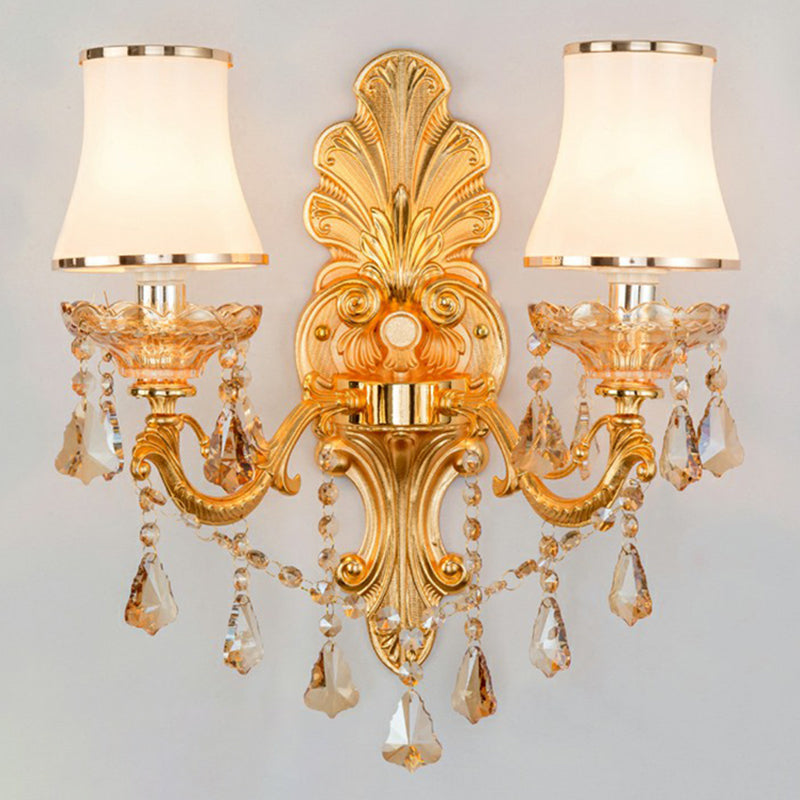 Victorian Candle Wall Sconce Lighting Metal Wall Mount Light with Shade and Crystal Decor 2.0 Gold Cylinder Clearhalo 'Wall Lamps & Sconces' 'Wall Lights' Lighting' 2405773