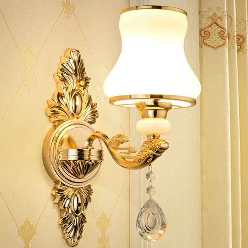 Victorian Candle Wall Sconce Lighting Metal Wall Mount Light with Shade and Crystal Decor 1.0 Gold Gourd Clearhalo 'Wall Lamps & Sconces' 'Wall Lights' Lighting' 2405779