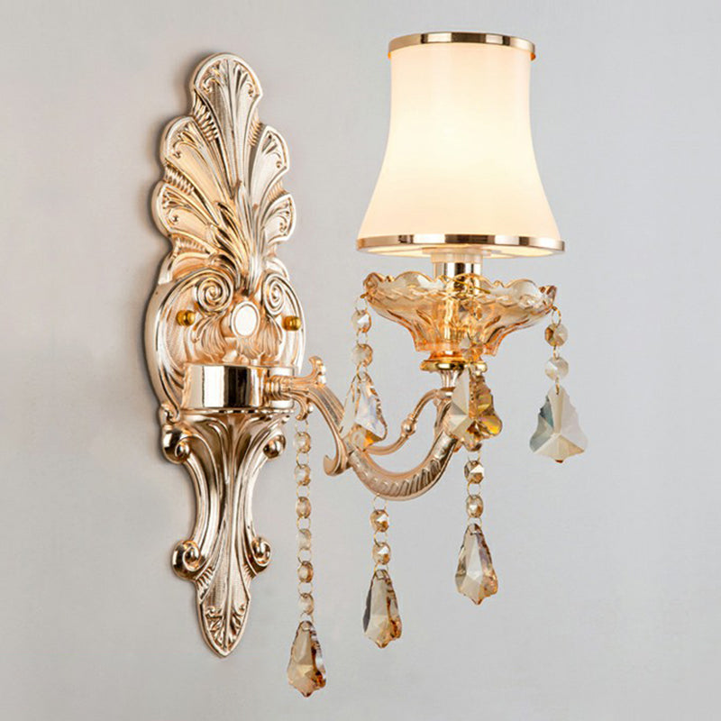 Victorian Candle Wall Sconce Lighting Metal Wall Mount Light with Shade and Crystal Decor 1.0 Silver Cylinder Clearhalo 'Wall Lamps & Sconces' 'Wall Lights' Lighting' 2405783