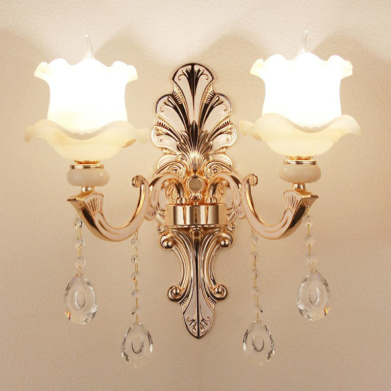 Silver Finish Wall Light Vintage Frosted Glass Blossom Sconce Lighting with Crystal Deco 2.0 Silver with Lace Clearhalo 'Wall Lamps & Sconces' 'Wall Lights' Lighting' 2405797