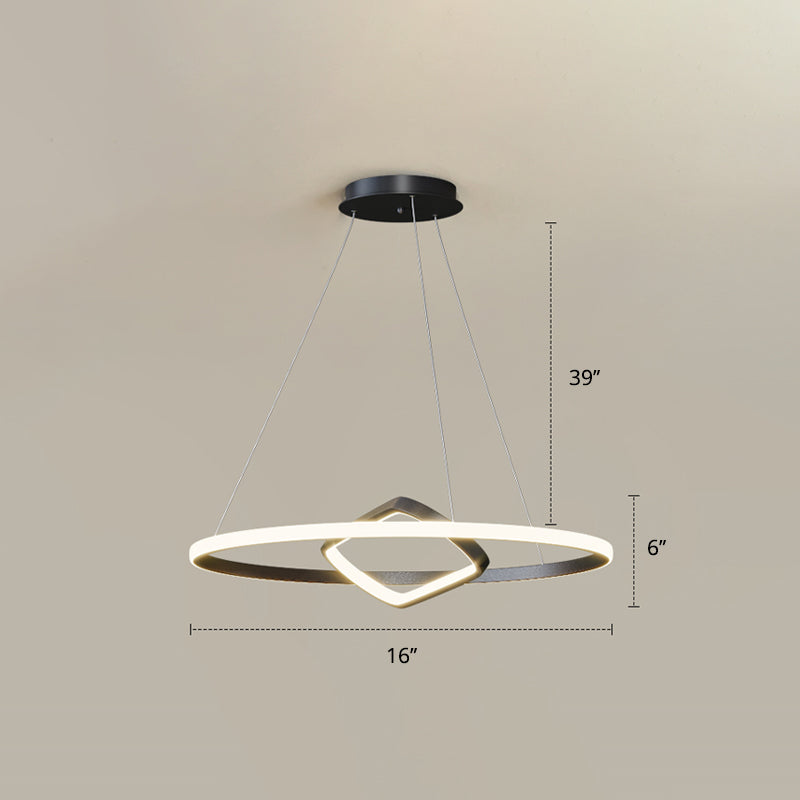Round and Square Chandelier Nordic Aluminum LED Hanging Pendant Light for Dining Room Black 16" Warm Clearhalo 'Ceiling Lights' 'Chandeliers' 'Modern Chandeliers' 'Modern' Lighting' 2406275