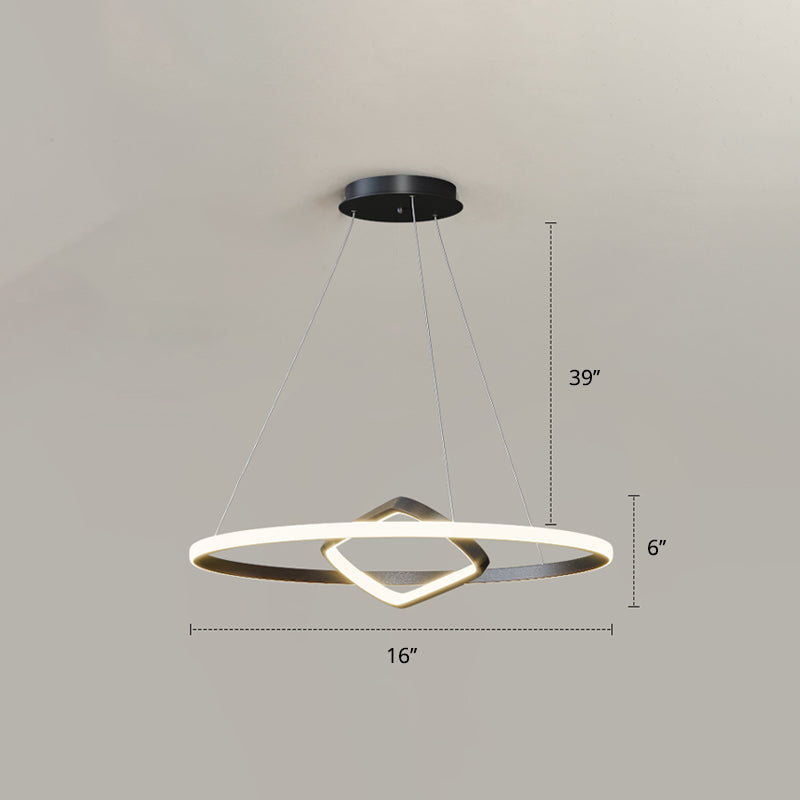 Round and Square Chandelier Nordic Aluminum LED Hanging Pendant Light for Dining Room Black 16" Remote Control Stepless Dimming Clearhalo 'Ceiling Lights' 'Chandeliers' 'Modern Chandeliers' 'Modern' Lighting' 2406277